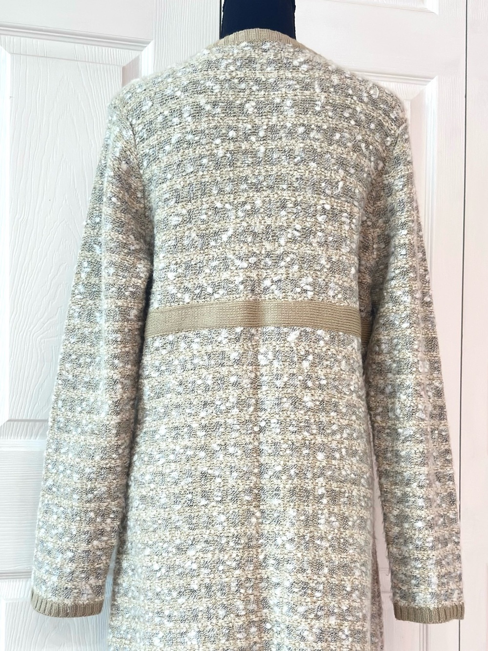 Beige/Gray/Cream Knit/Wool Long Open Front Cardigan with Attached Tie Belt - Picture 10 of 12